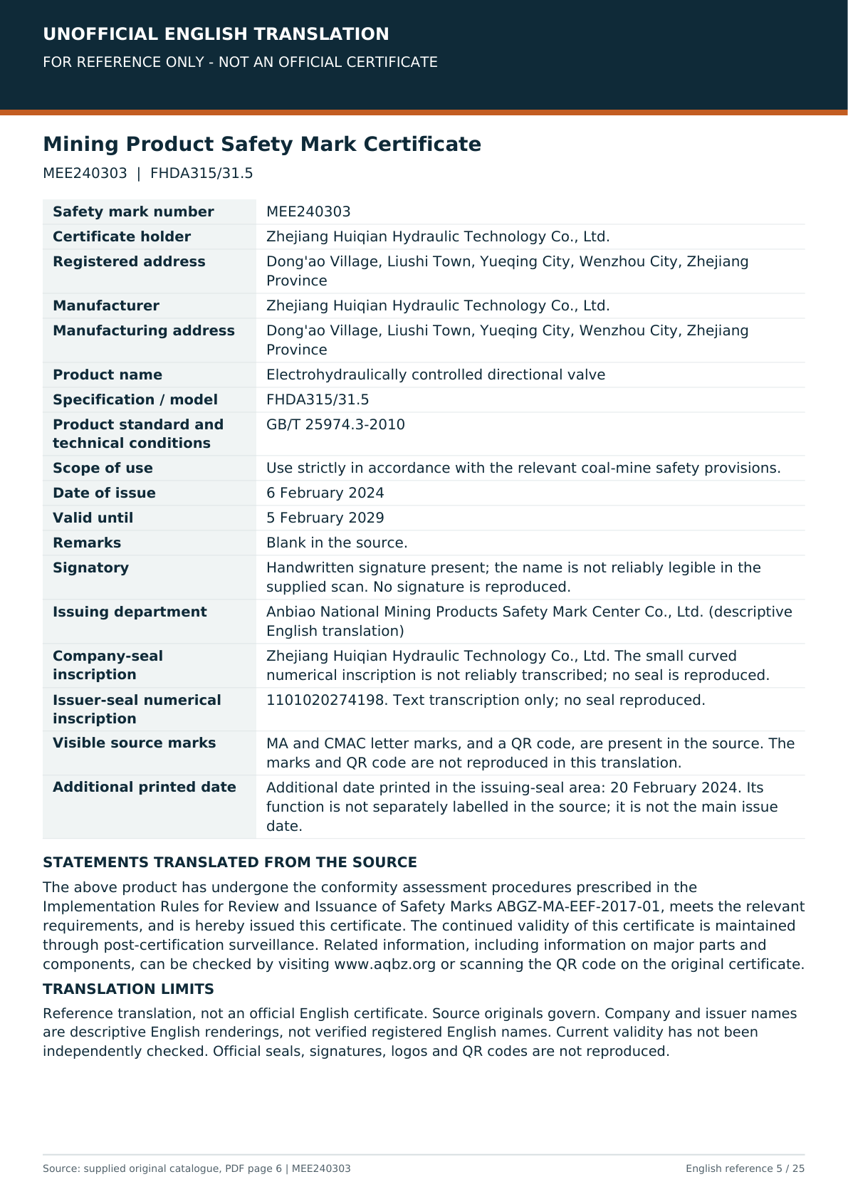 Unofficial English reference translation of MEE240303 for FHDA315/31.5; no seals or signatures reproduced