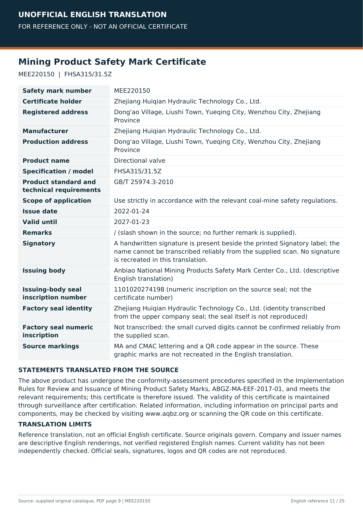 Unofficial English reference translation of MEE220150 for FHSA315/31.5Z; no seals or signatures reproduced