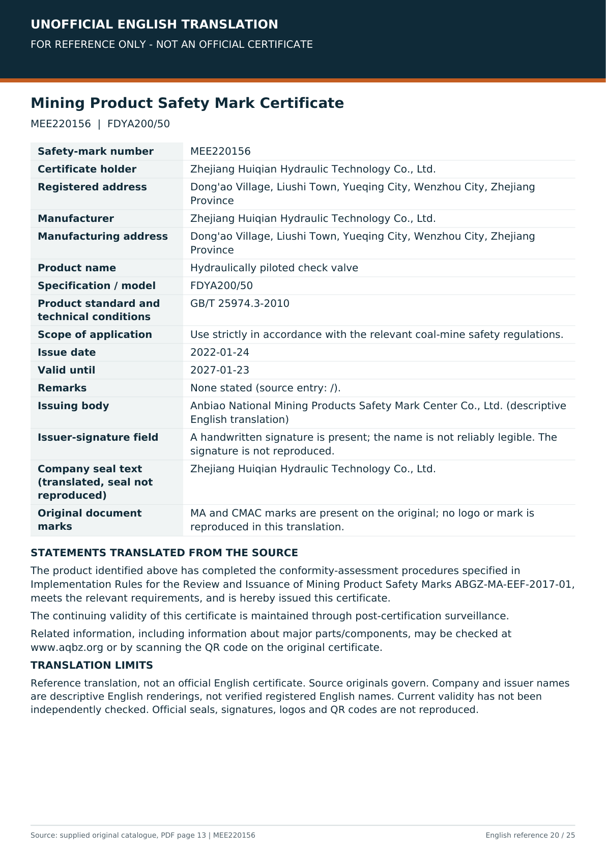 Unofficial English reference translation of MEE220156 for FDYA200/50; no seals or signatures reproduced